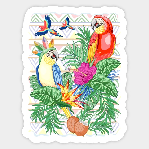 Macaws Parrots Exotic Birds on Tropical Flowers and Leaves Sticker by BluedarkArt